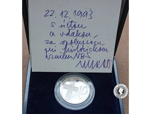 Strieborná 10 SK ag 1993 proof - vzácna limitovaná číslovaná edícia s venovaním od guvernéra NBS