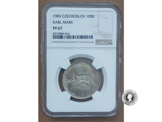 Strieborná minca 100 Kčs / 1983 - Karel Marx - kvalita PF 67