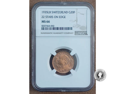 Zlatá minca 20 Francs - 1935 - Švajčiarsko - MS 66