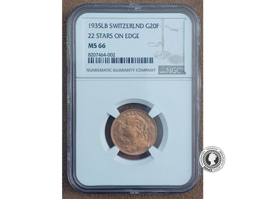 Zlatá minca 20 Francs - 1935 - Švajčiarsko - MS 66