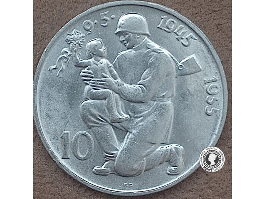 Strieborná minca 10kcs / 1955 - 10 výročie  - kvalita BK 0/0
