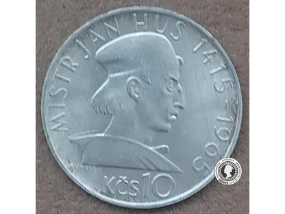 Strieborná minca 10kcs / 1965 - Hus - kvalita BK 0/0